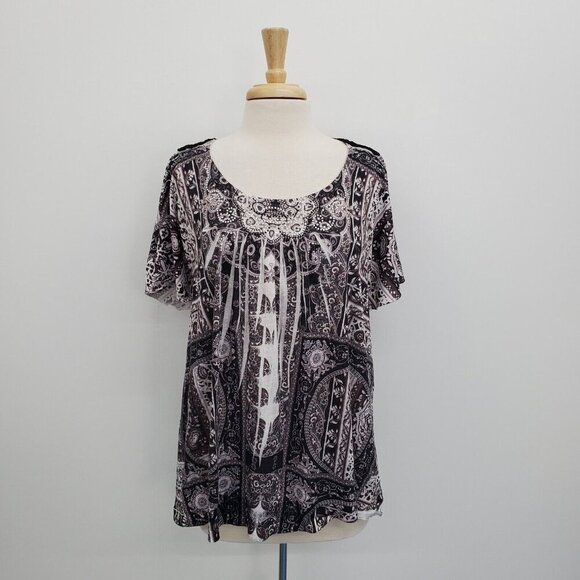 One World Womens Embellished Short Sleeve Top Blouse Size 1X Crochet Back Detail - Picture 1 of 15